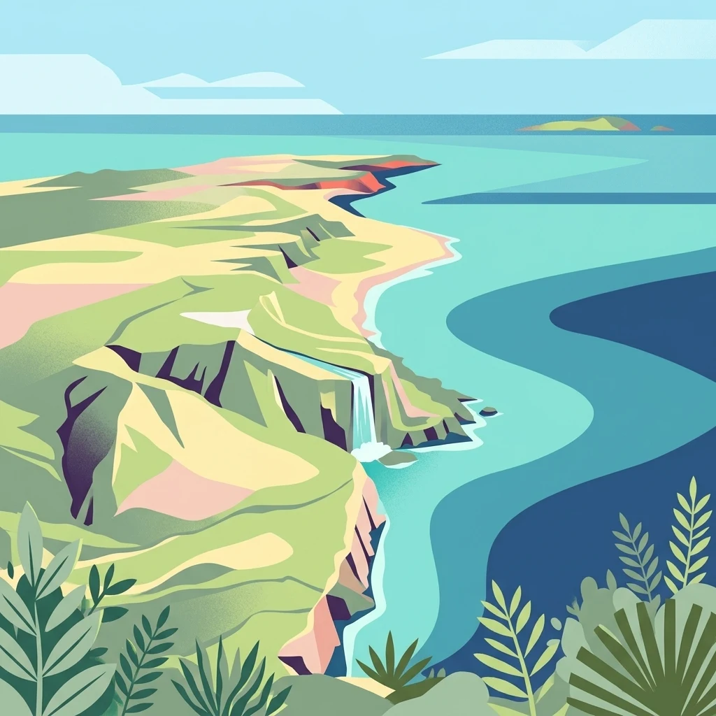 Una ilustración de estilo vectorial plano de un paisaje costero con acantilados verdes, una pequeña cascada que fluye hacia el mar y una exuberante vegetación en primer plano.