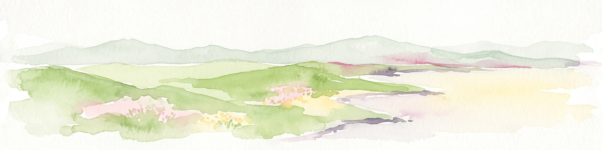 A soft watercolor illustration depicting a landscape of rolling green hills meeting a large body of water under a light sky.