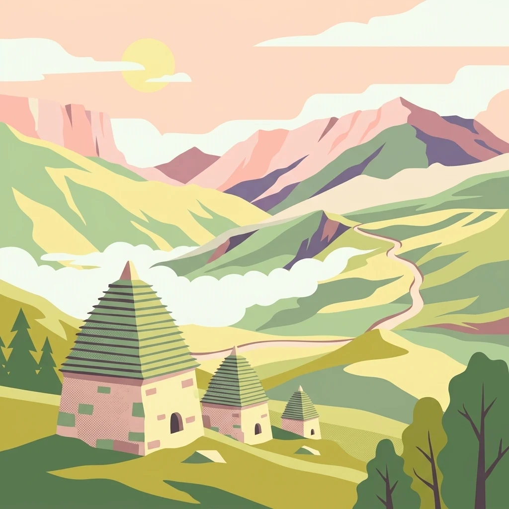 A stylized flat illustration of three stone buildings with pyramidal roofs nestled in a green mountain valley at sunrise, with layered hills in the background.