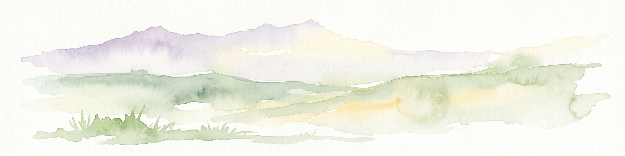 A soft watercolor painting depicting a mountain range in the background with rolling green hills and grassy foreground, isolated on a white background.