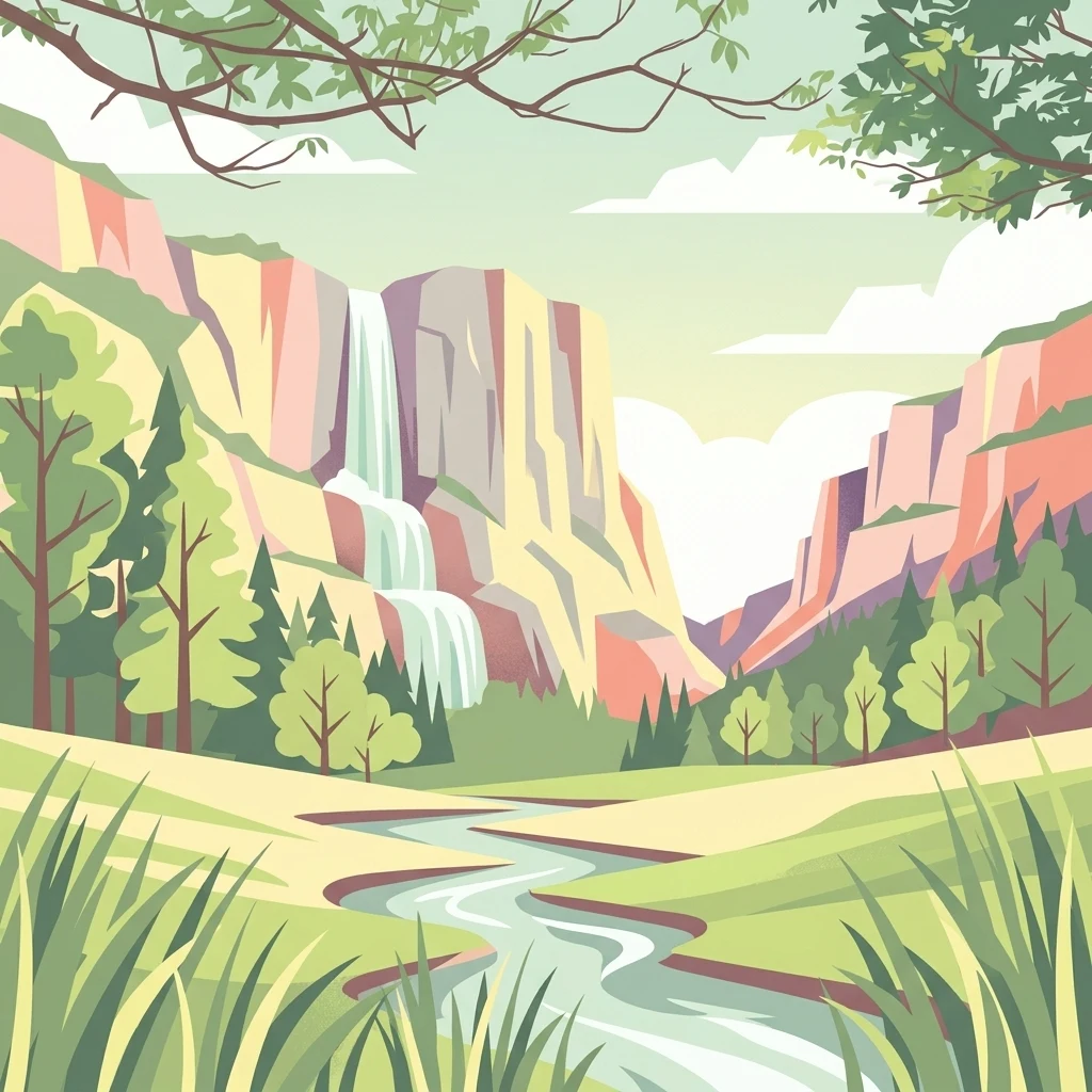 An artistic flat-style illustration showing a winding stream flowing through a grassy valley toward a tall, multi-tiered waterfall cascading down sheer cliffs, framed by forest greenery.