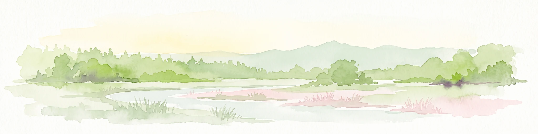 Watercolor painting of a green wetland landscape with a winding stream and distant hills in soft pastel colors.