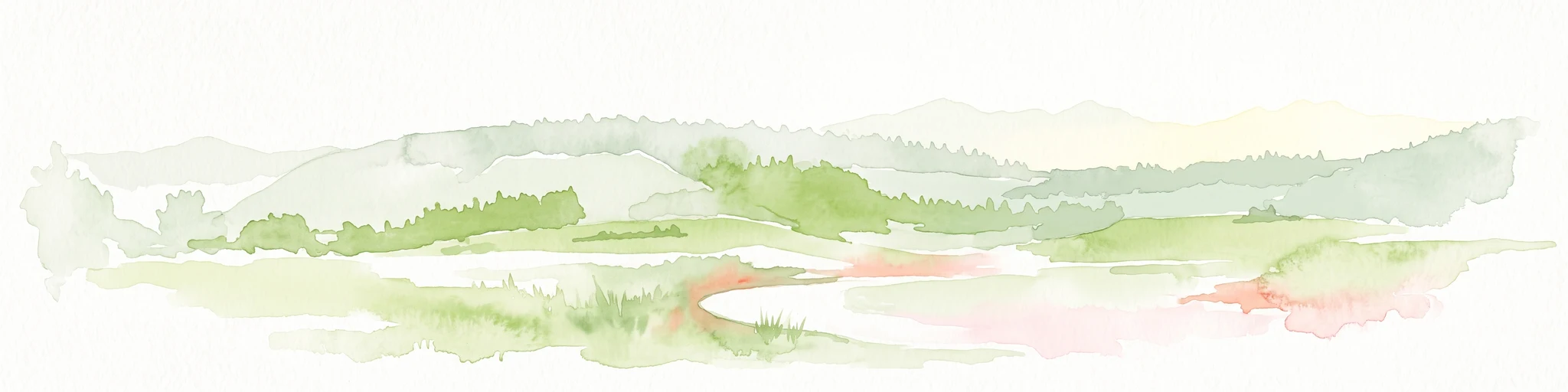 Faint watercolor illustration of rolling green hills and a pinkish foreground against a white background.