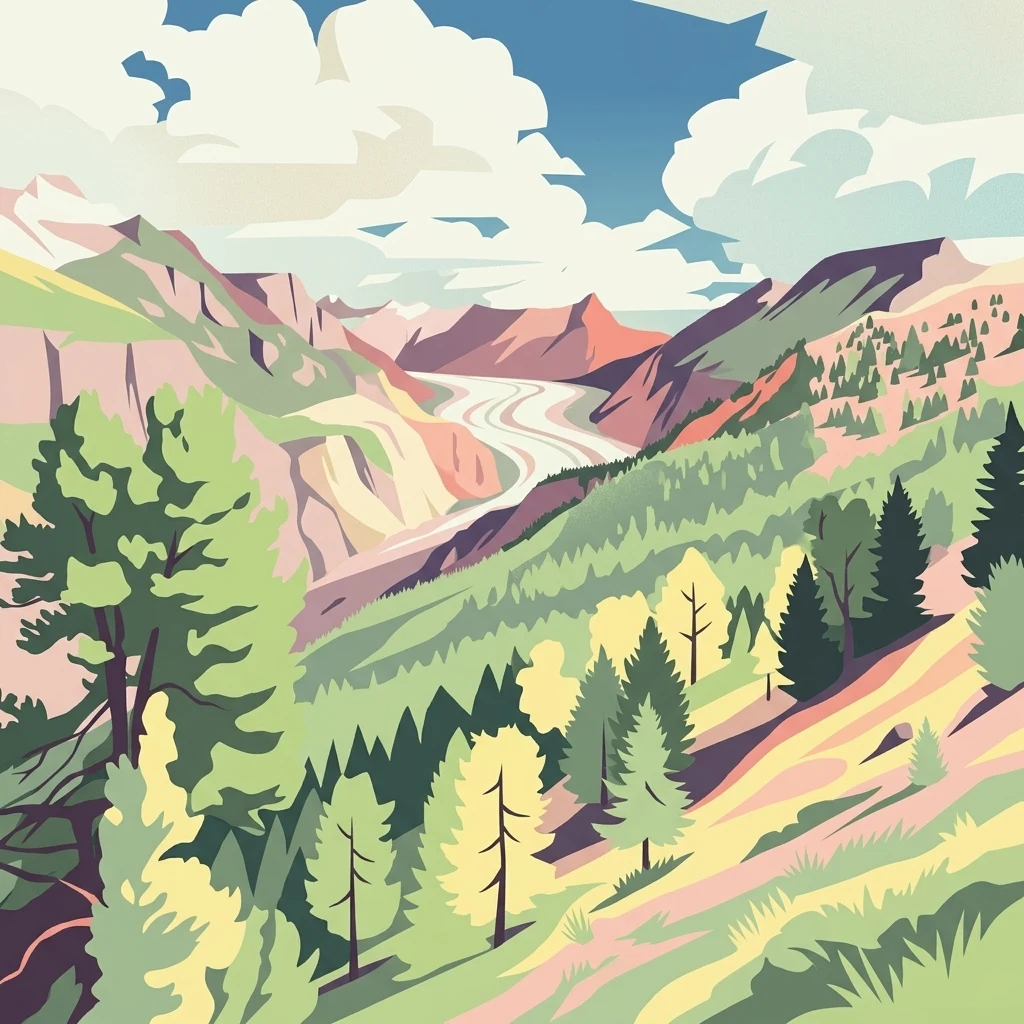 A stylized, flat-design illustration showing a coniferous forest in the foreground with a winding glacier valley and rugged mountain peaks in the background under a cloudy sky.