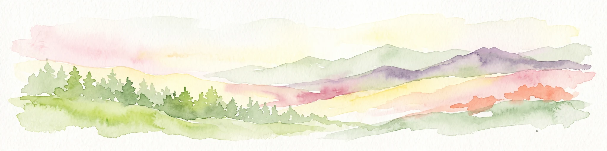 Una pintura en acuarela de un paisaje montañoso panorámico con un primer plano de árboles verdes y lejanas crestas montañosas de color púrpura bajo una luz suave.