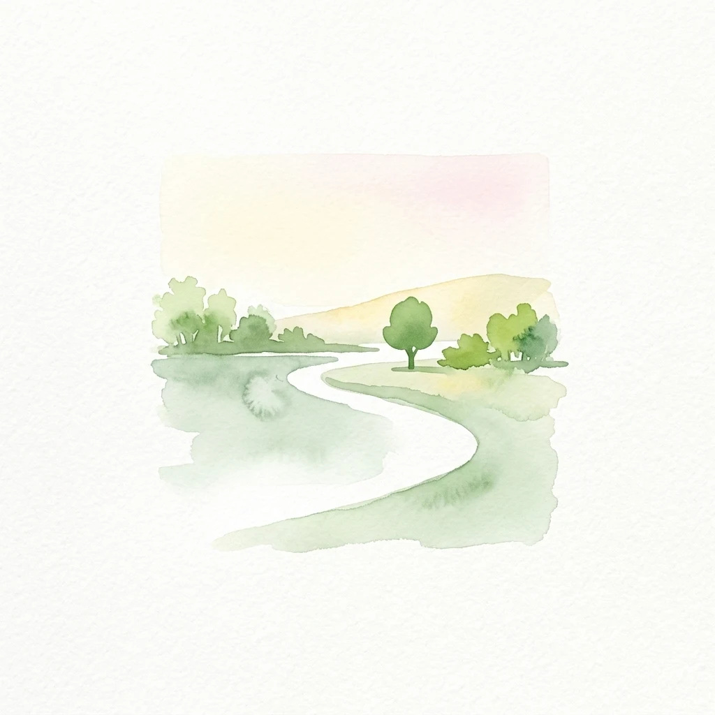 Ilustración en acuarela de un río sinuoso con árboles verdes a ambos lados y colinas al fondo