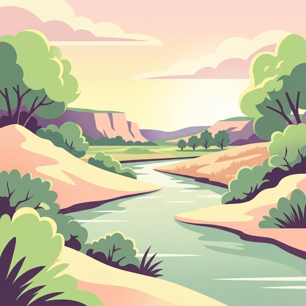 Paisaje ilustrado con un río sinuoso entre orillas arenosas con árboles verdes y acantilados distantes bajo un cielo rosado