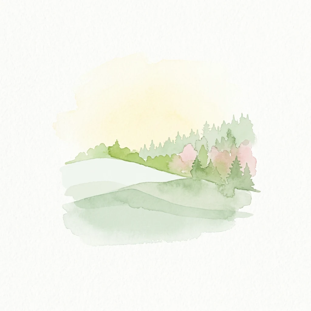 Watercolor illustration of a landscape with green hills, pink flowering trees, and a body of water reflecting the scenery