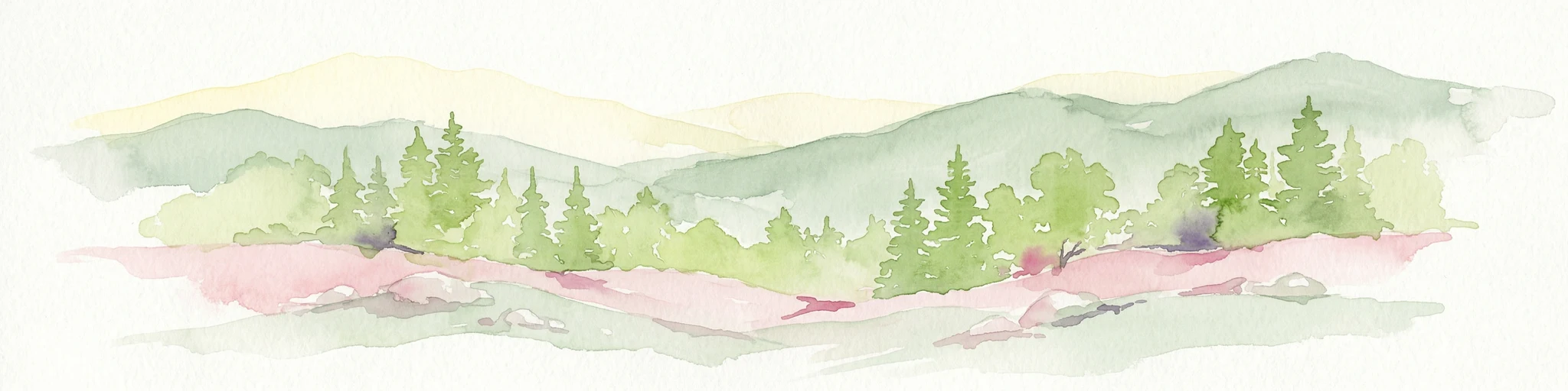 Ilustración en acuarela de un paisaje montañoso con bosques verdes, colinas onduladas y montañas distantes bajo un cielo claro