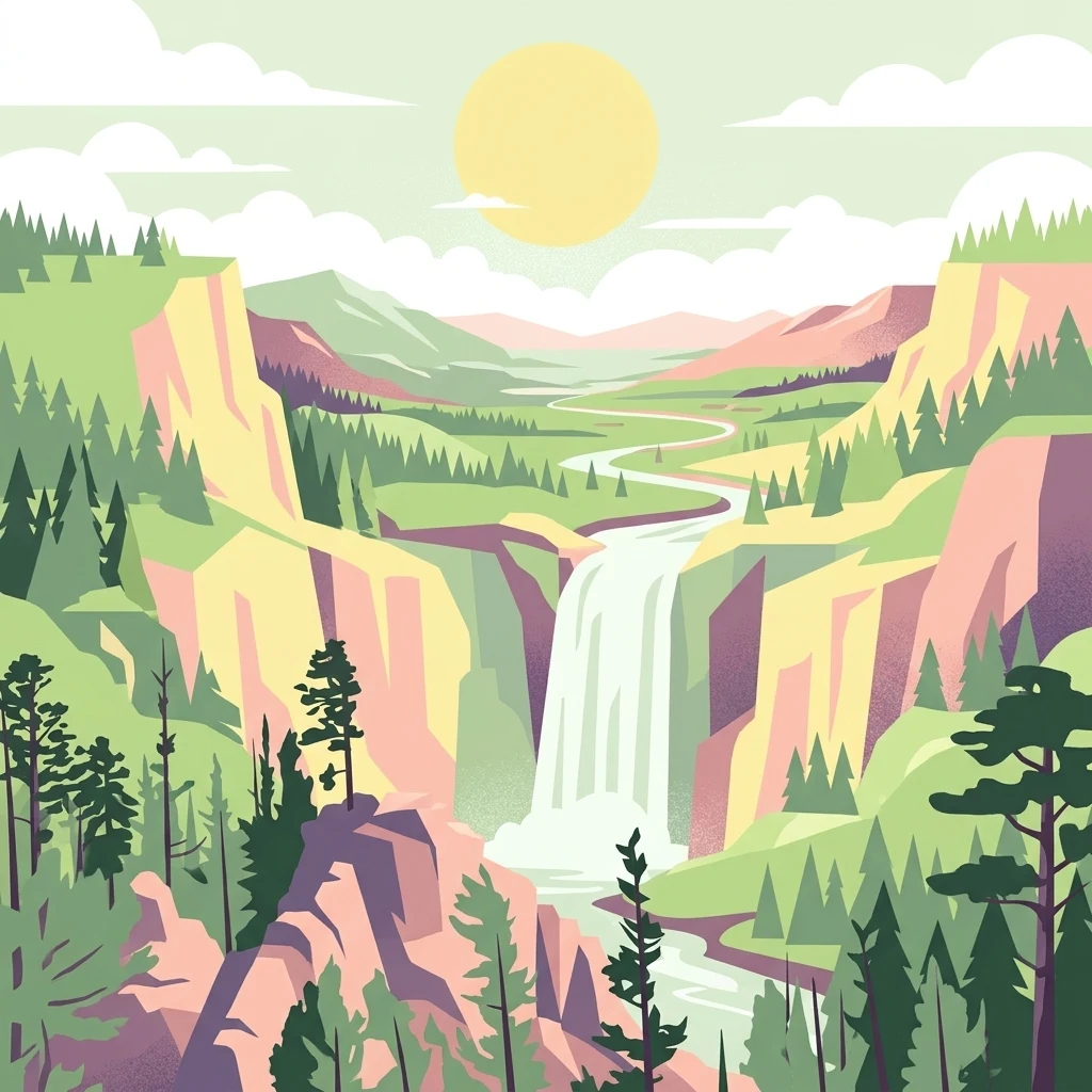 Una ilustración digital de un valle montañoso boscoso con una cascada en el centro, flanqueado por acantilados rocosos y pinos bajo un sol pálido.