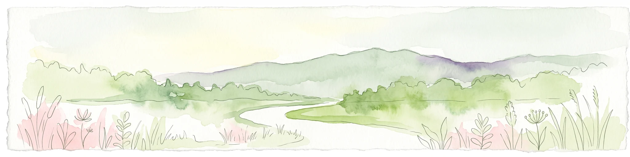 Watercolor painting of a river winding through a grassy plain toward distant rolling hills under a soft light.