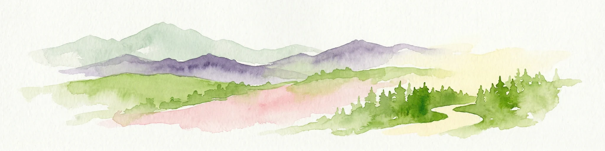 Ilustración de acuarela que representa montañas en capas, colinas verdes y áreas boscosas en tonos púrpuras y rosados