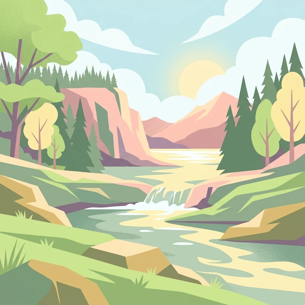 A flat vector illustration showing a river flowing through a forested valley with mountains in the background under a sunny sky.