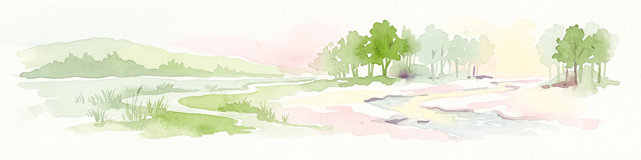Pintura en acuarela de un paisaje verde con suaves colinas onduladas, un arroyo serpenteante y árboles contra un fondo suave y pálido.