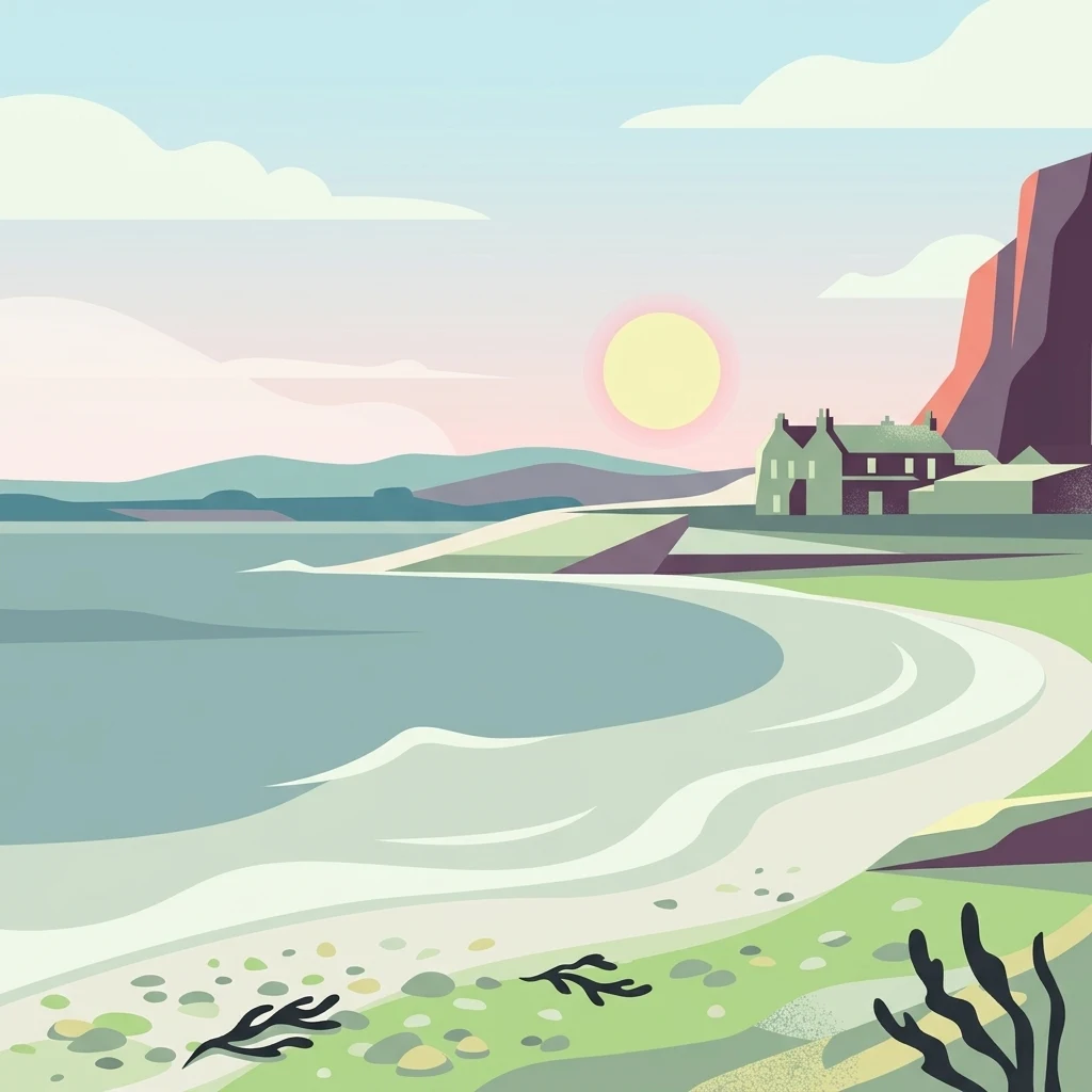 A minimalist flat illustration of a coastal landscape at sunset featuring a curved beach, calm water, a simple house, and a prominent cliff face under a pastel sky.