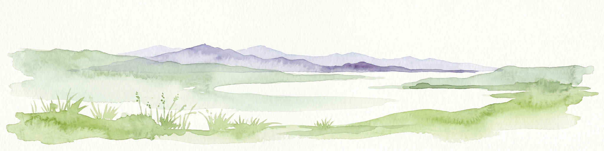 Watercolor illustration of a coastal bay with green grassy foreground and distant purple hills against a plain white background.