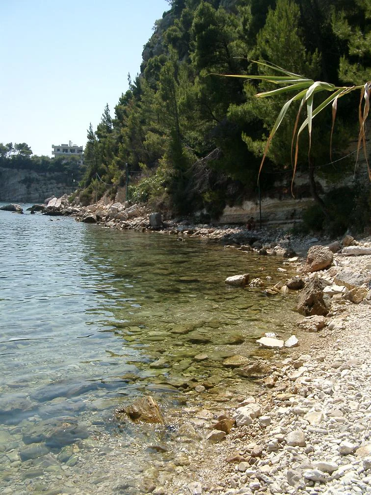 Clear blue water along a rocky shore with forested hills in the background under a sunny sky