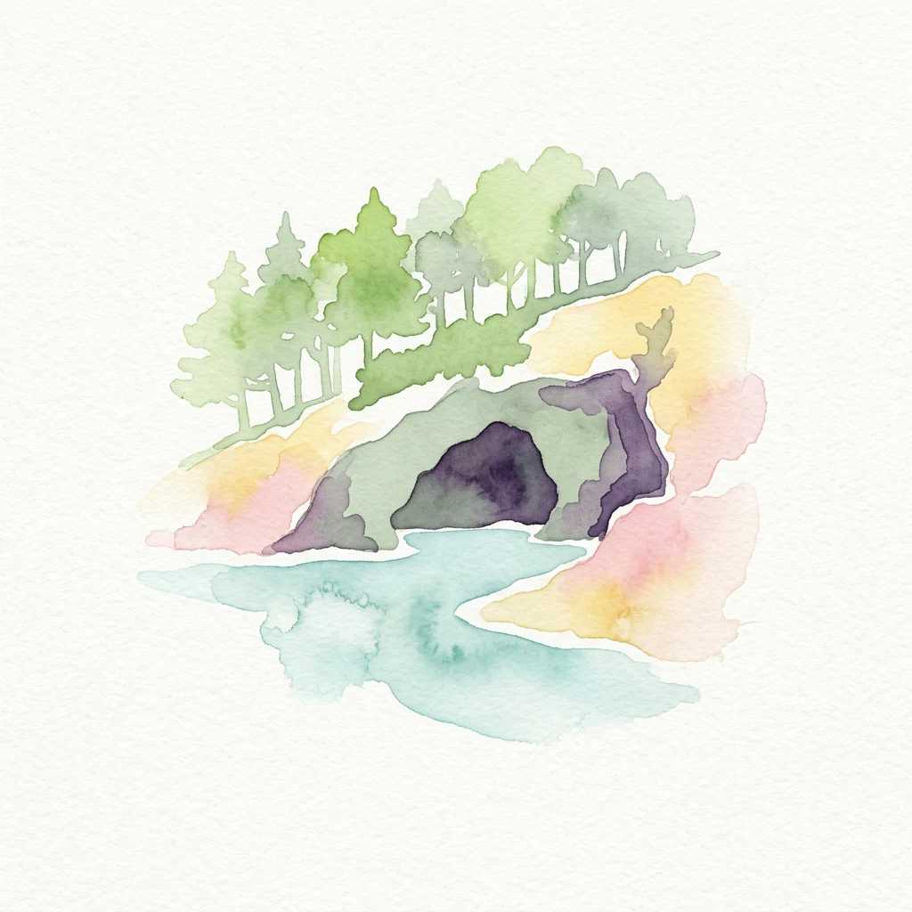 Watercolor illustration of a coastal sea cave with trees on a hillside and turquoise water