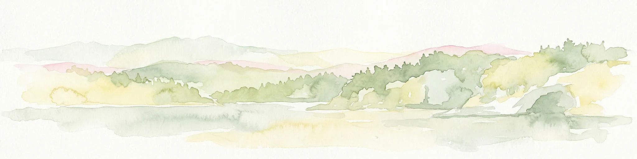 Ilustración en acuarela de un paisaje costero con colinas, árboles y una masa de agua
