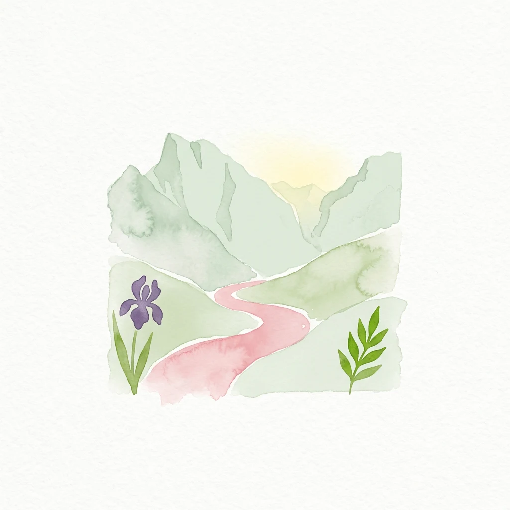 Pintura de acuarela que muestra montañas verdes, un camino sinuoso rosa, una flor de iris morada y plantas verdes con hojas