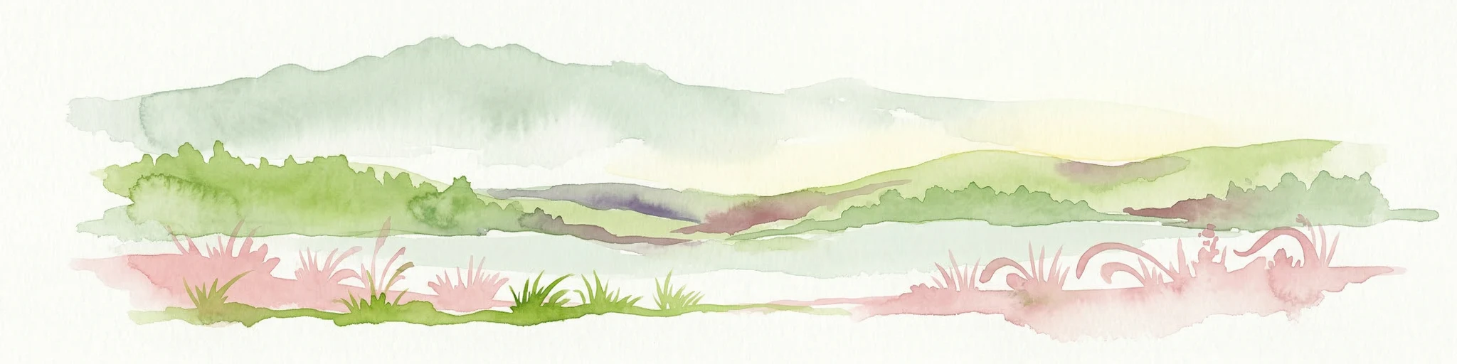 Pintura de acuarela que muestra un paisaje montañoso con un lago, colinas verdes y flores rosas