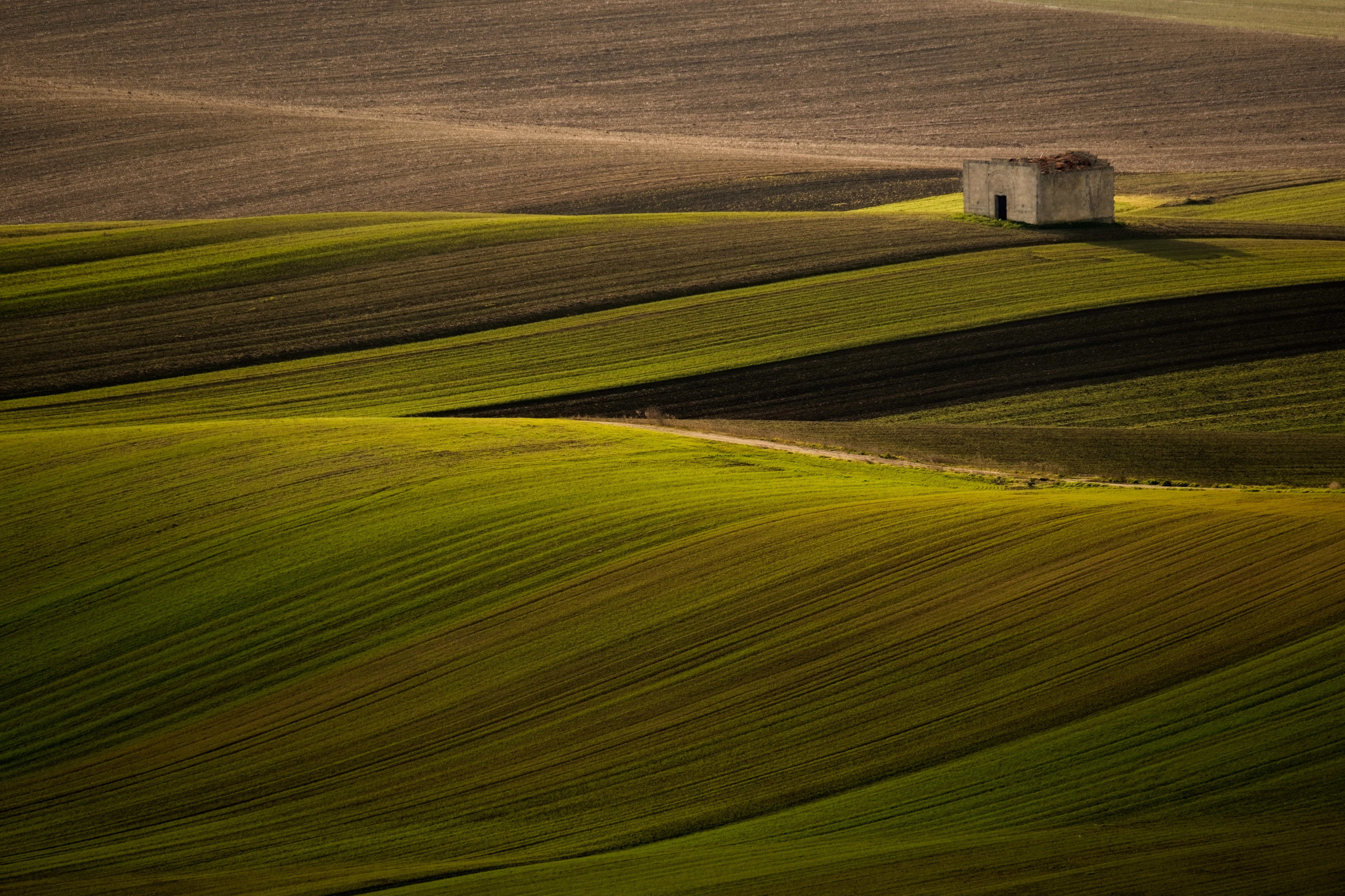 Rolling green and brown fields with a small stone structure in the distance under a clear sky