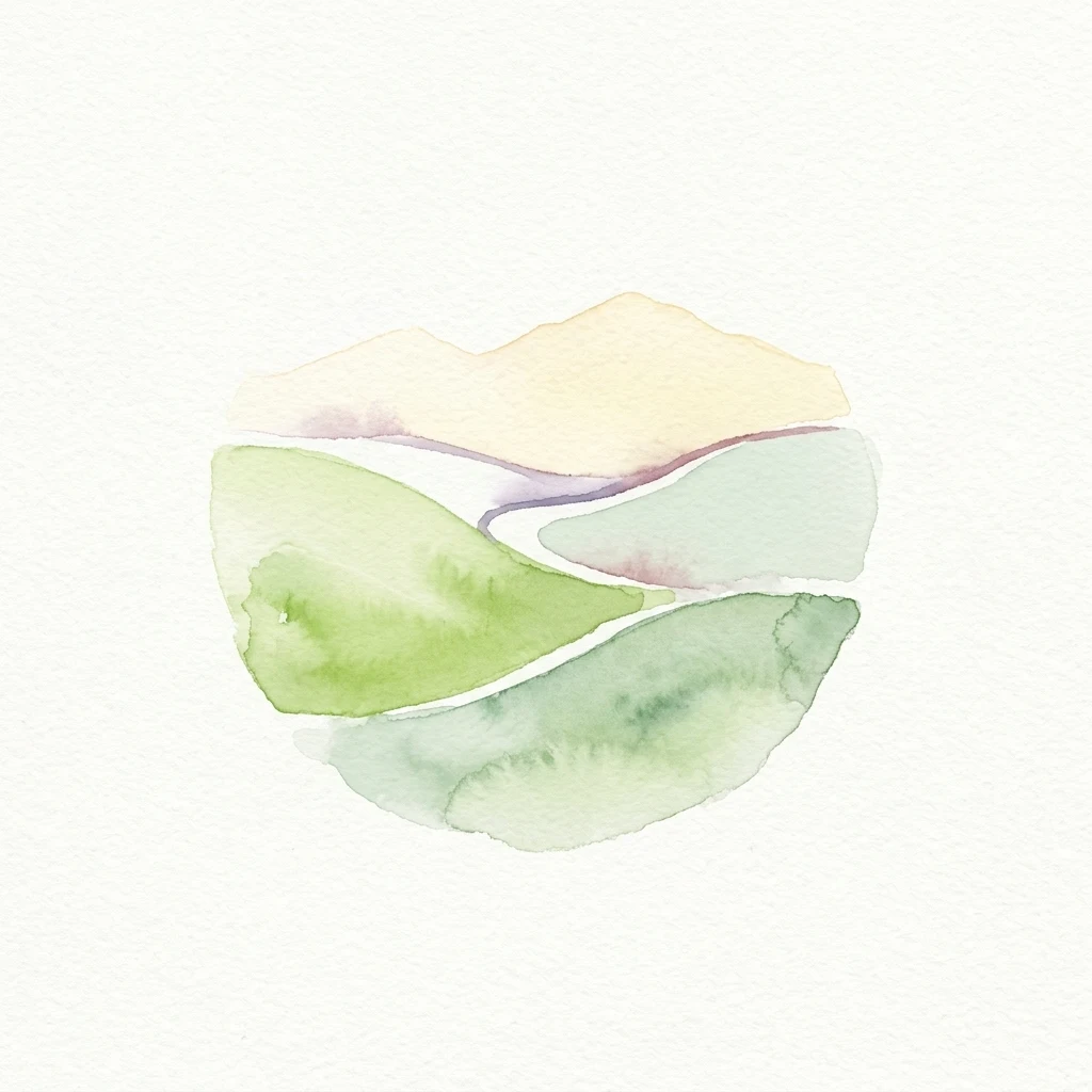 Abstract watercolor illustration of rolling hills and a winding waterway with soft green, blue, yellow, and purple hues.