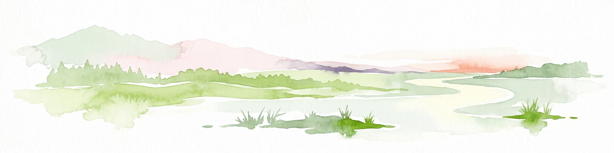 Ilustración en acuarela que muestra praderas verdes, colinas distantes y un sendero sinuoso bajo un cielo claro