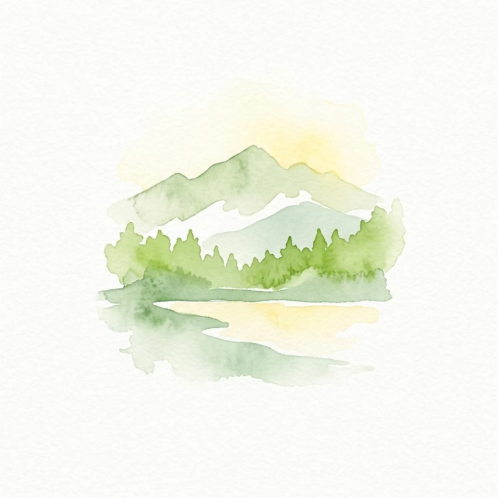 Watercolor illustration of mountains, forest, and lake with reflection