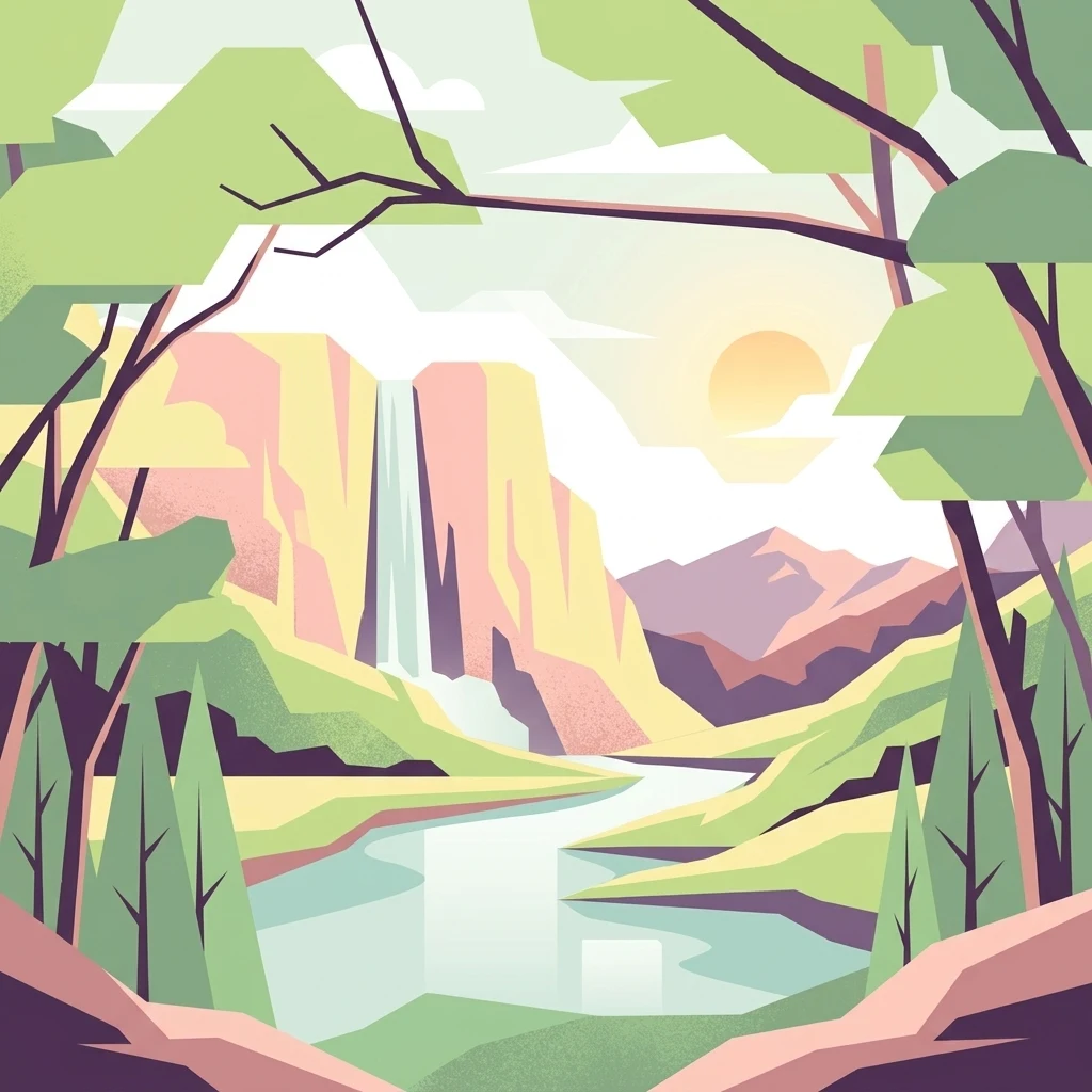 Ilustración de una cascada cayendo de un acantilado a un río, con montañas al fondo y árboles enmarcando la escena