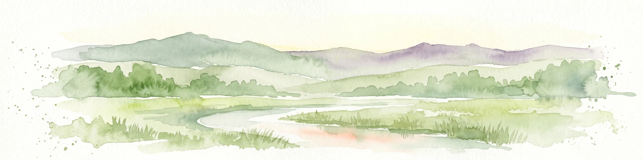Watercolor painting of a river flowing through a valley surrounded by hills and dense green vegetation