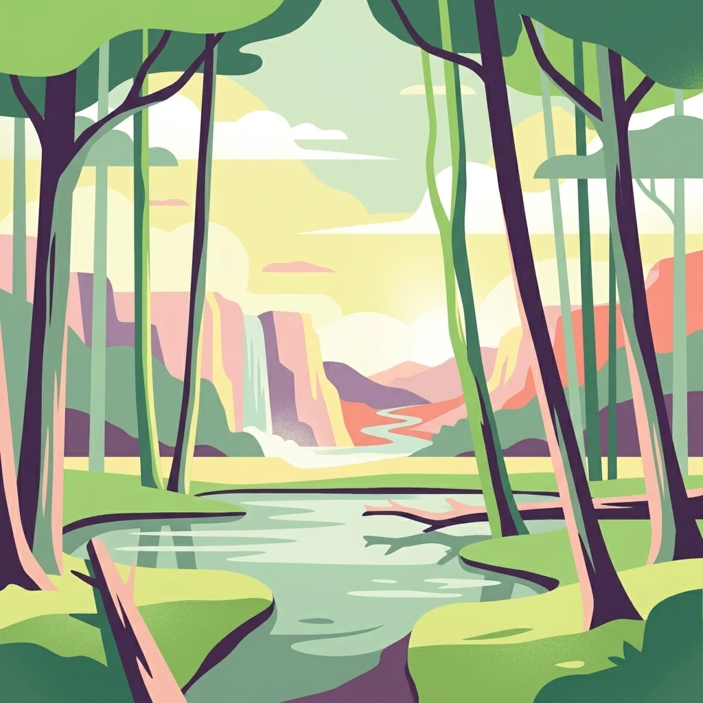 A flat-style vector illustration of a forest scene looking toward a river and mountains with a waterfall in the distance.