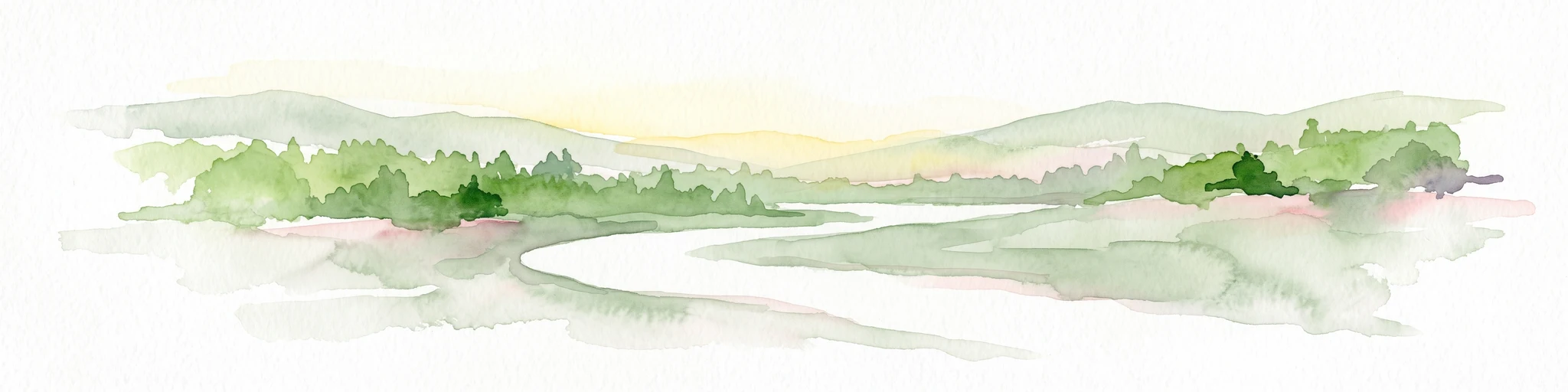 A soft, panoramic watercolor painting featuring green, rolling hills and a winding river or stream through a forested landscape against a bright, hazy sky.