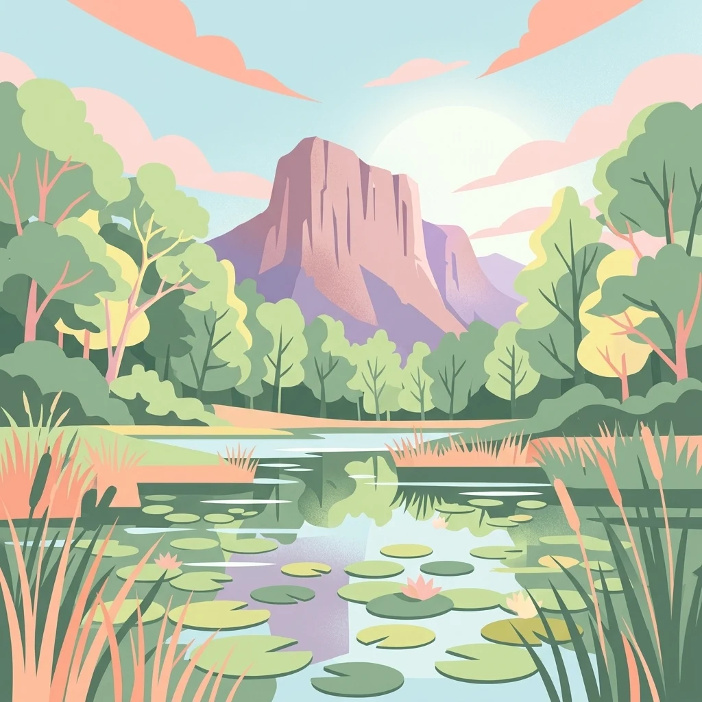 Una ilustración digital de estilo plano que muestra un lago tranquilo con nenúfares en primer plano, rodeado de árboles y juncos, con una gran montaña de cima plana elevándose en la distancia bajo un cielo pastel.