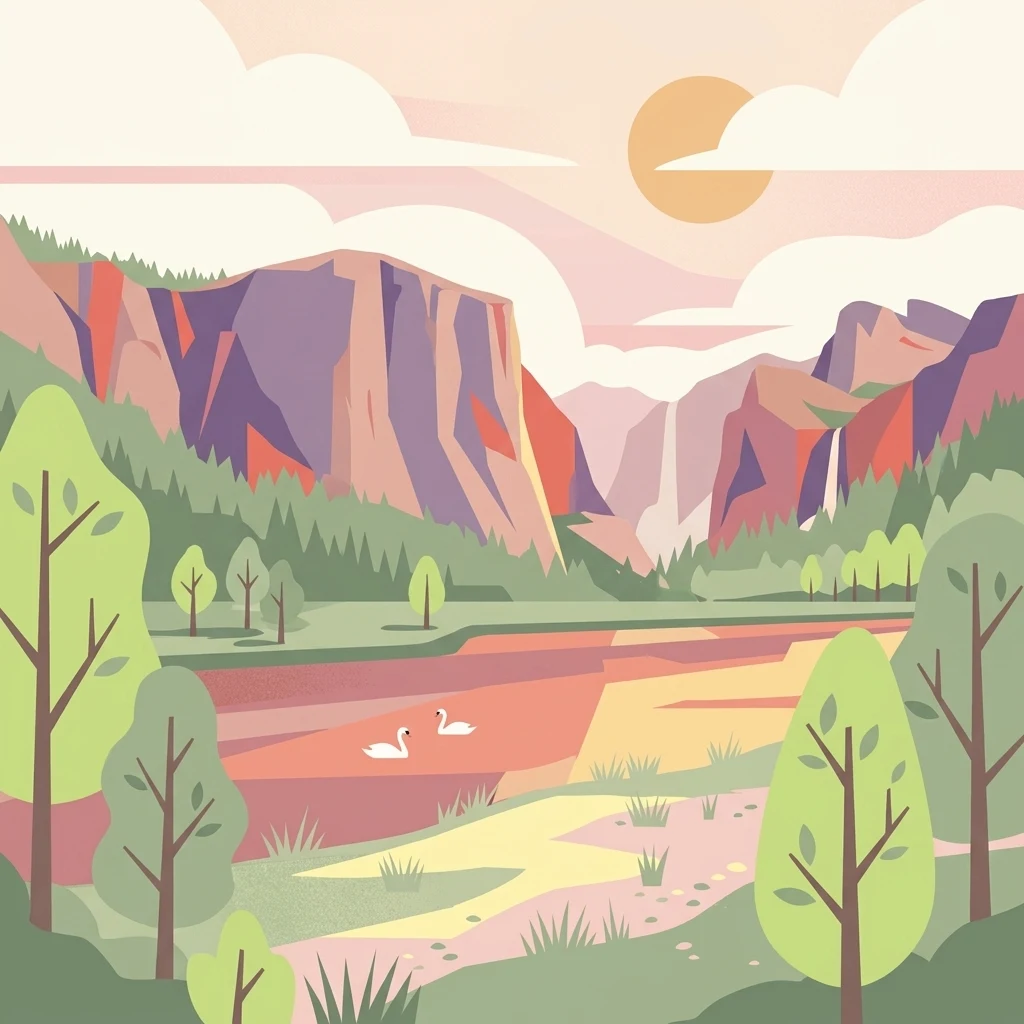 An artistic, flat-style digital illustration of a calm river winding through a valley flanked by steep, blocky mountains, with two white swans swimming on the water, surrounded by sparse trees under a soft, pastel-colored sky with a sun disk.