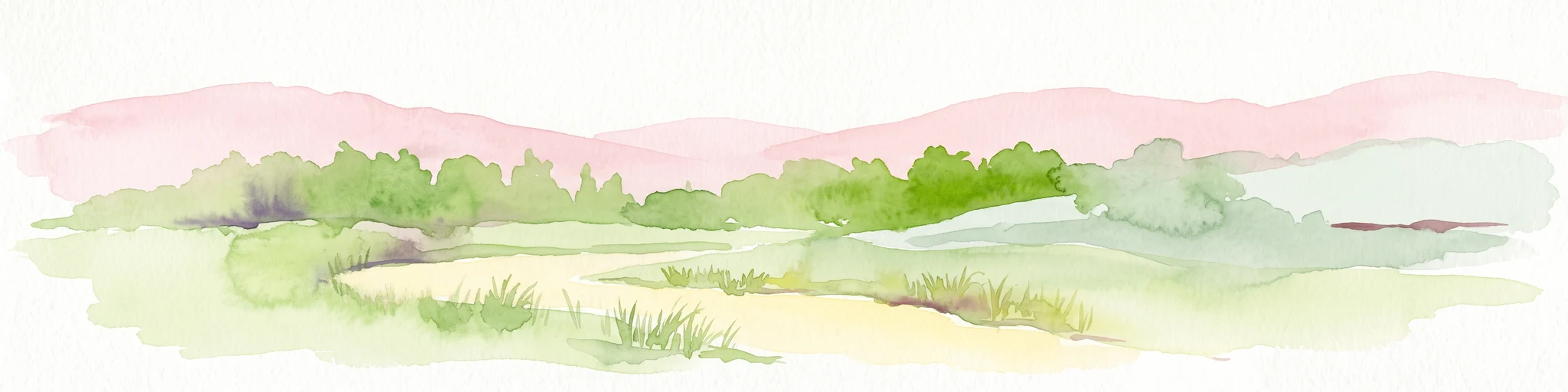 Watercolor painting of a river landscape with lush green vegetation and soft pink hills in the background.