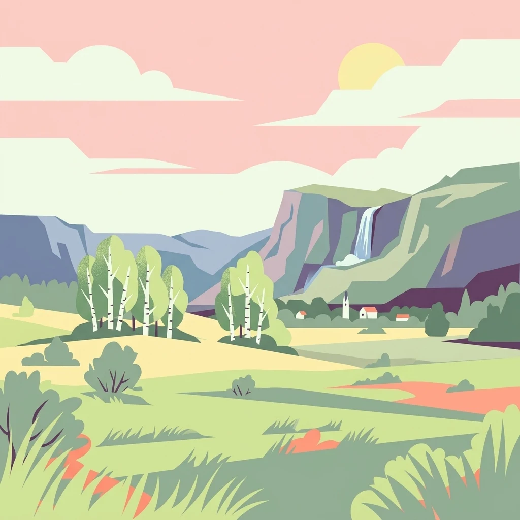 A flat style digital illustration of a green valley with birch trees, distant mountains, a small waterfall, and a few houses under a pink sky.
