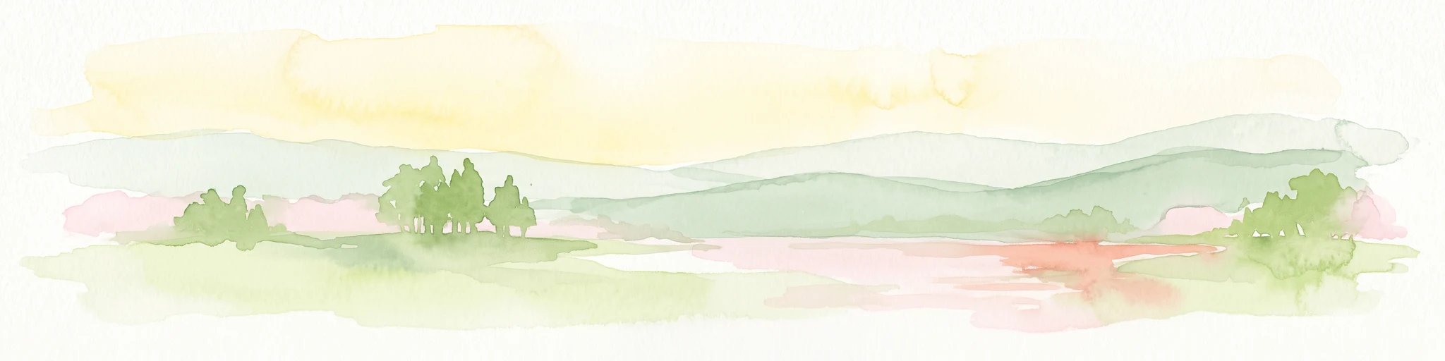A horizontal watercolor illustration showing soft green rolling hills, trees, and a pale yellow sky.