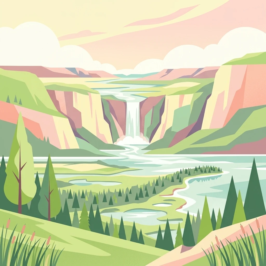 Una ilustración digital de estilo plano que representa un amplio valle fluvial con una cascada central que desciende desde acantilados de cañón hacia un río serpenteante rodeado de bosques de coníferas y praderas.