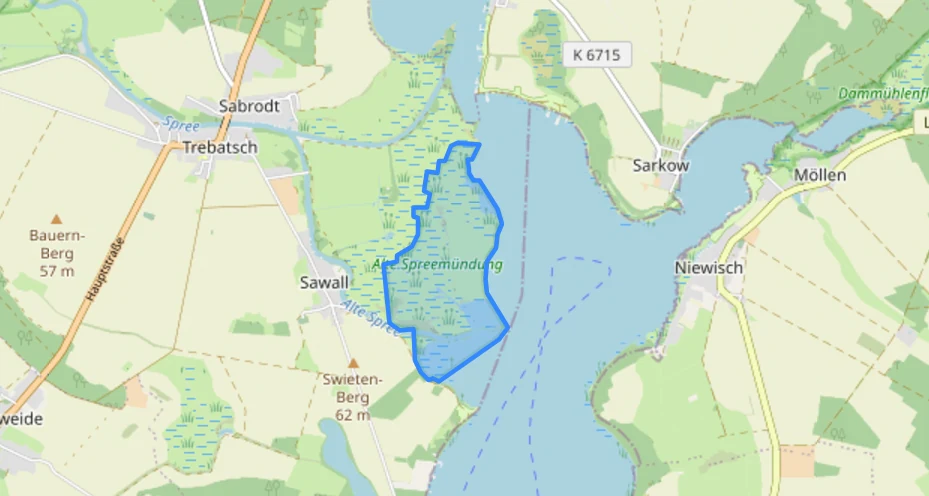 Un mapa digital que muestra el contorno de la reserva natural Alte Spreemündung en azul, situada a lo largo de un río y del lago Schwielochsee en Brandeburgo, Alemania.