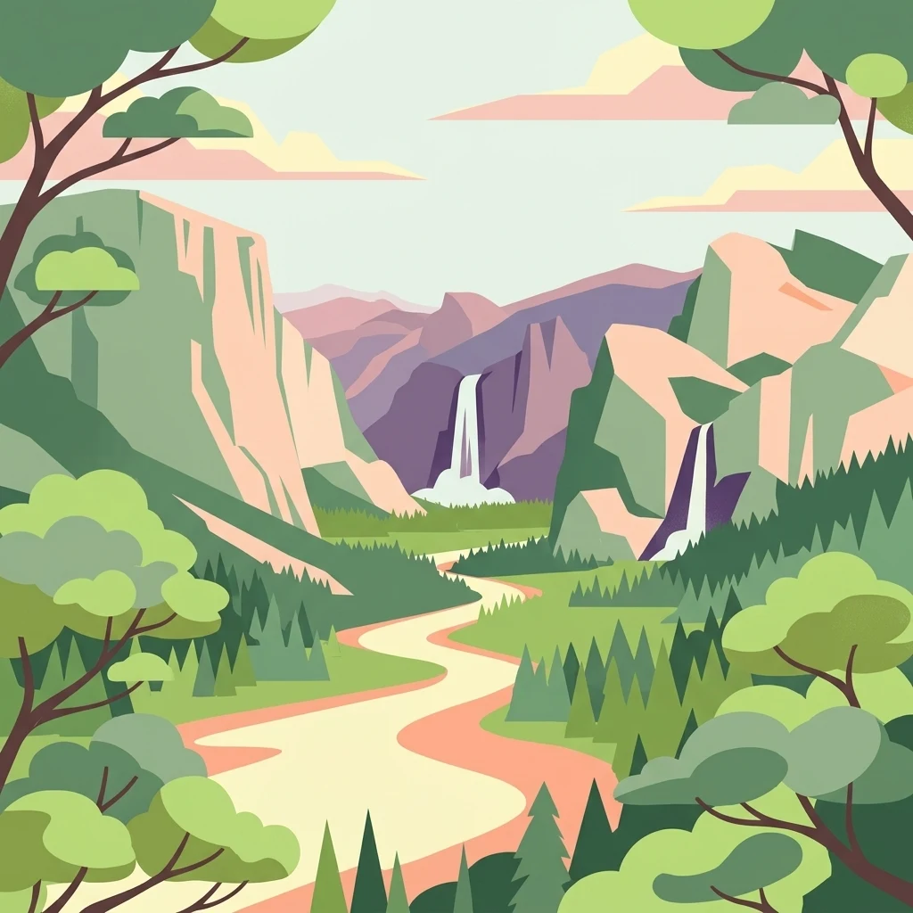 Una ilustración gráfica que muestra un río serpenteante que fluye a través de un valle boscoso flanqueado por acantilados escarpados y cascadas.