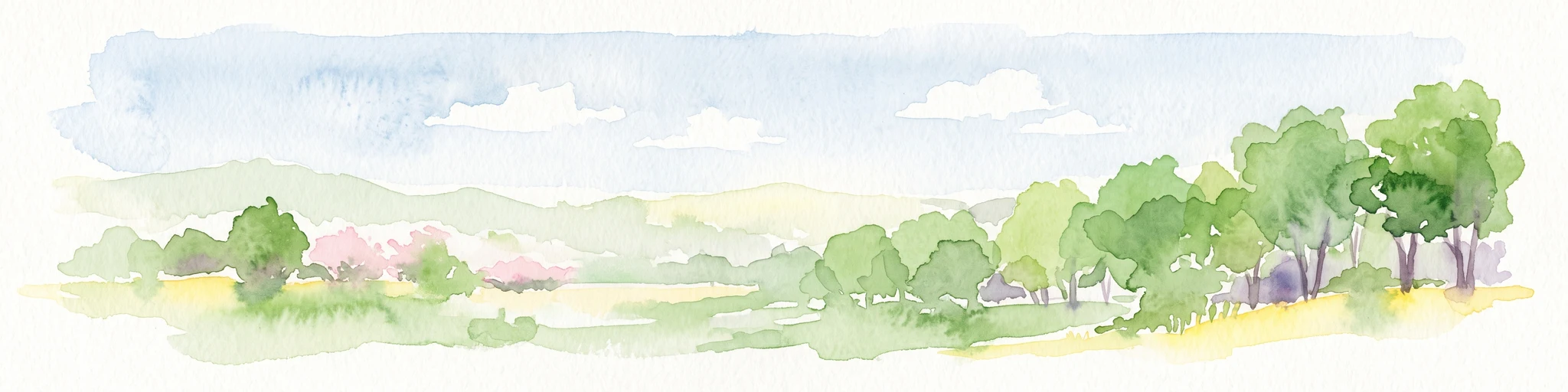 A horizontal watercolor illustration of a gentle, rolling landscape with green trees, meadow grass, and distant hills under a light blue sky.
