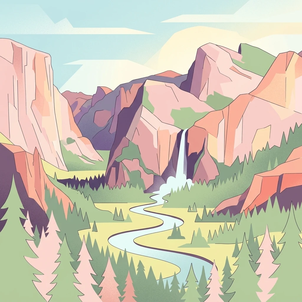 A flat, vector-style illustration of a canyon valley featuring steep pinkish mountain walls, a central winding river, a waterfall, and dense coniferous forests in the foreground and midground.