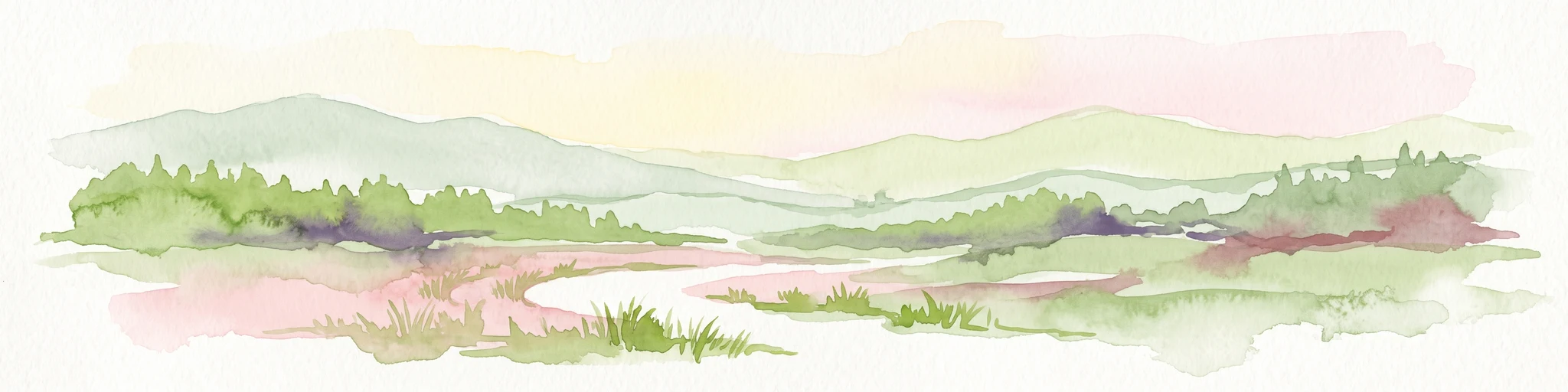 A horizontal watercolor painting depicting a soft, pastel-colored landscape with rolling hills in the background, a line of trees in the midground, and a small winding stream or boggy area in the foreground.