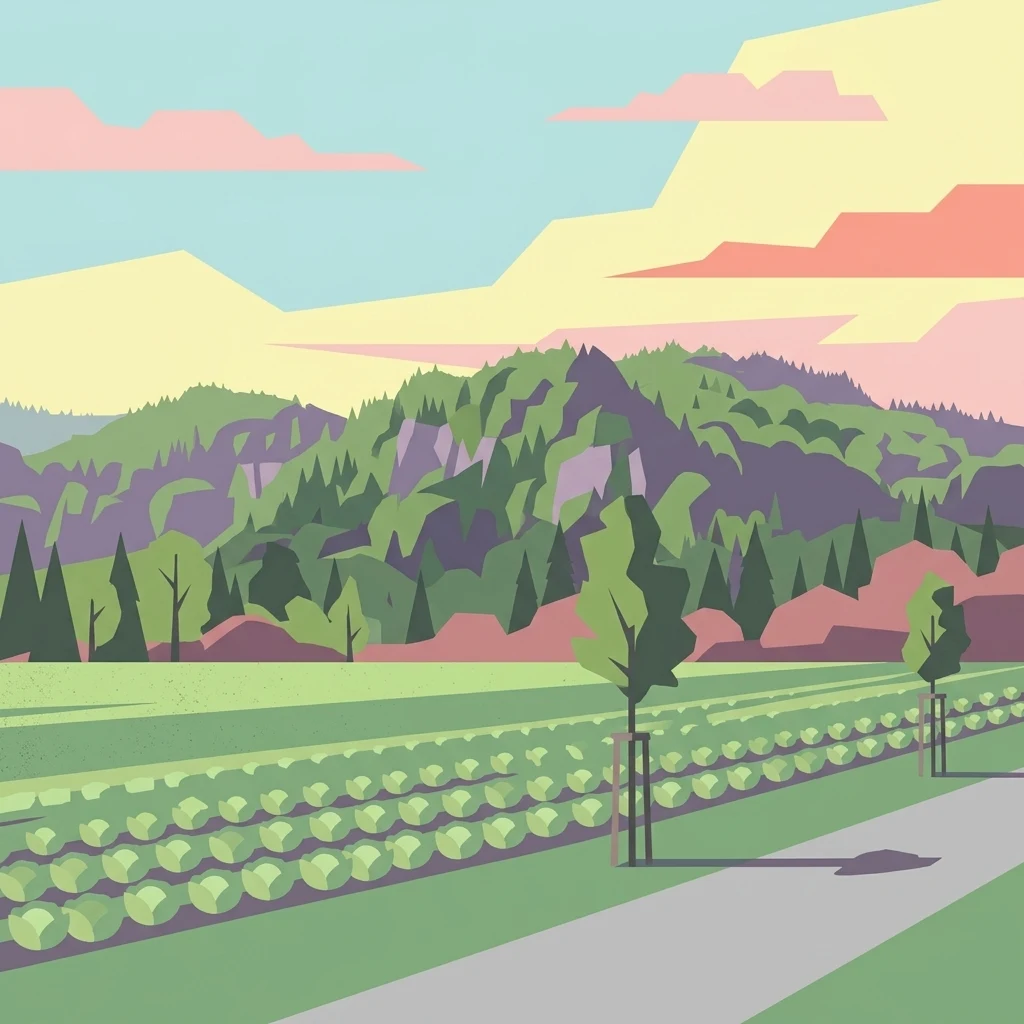 A digital illustration of a green agricultural field with rows of crops next to a path, leading toward a forested mountain ridge under a soft sunset sky.