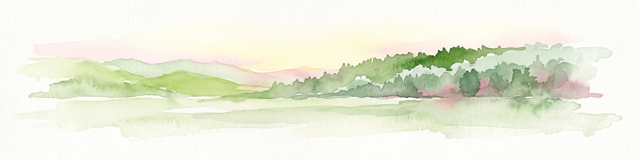 A horizontal watercolor painting depicting rolling green hills and a dense forest canopy against a soft, light background.