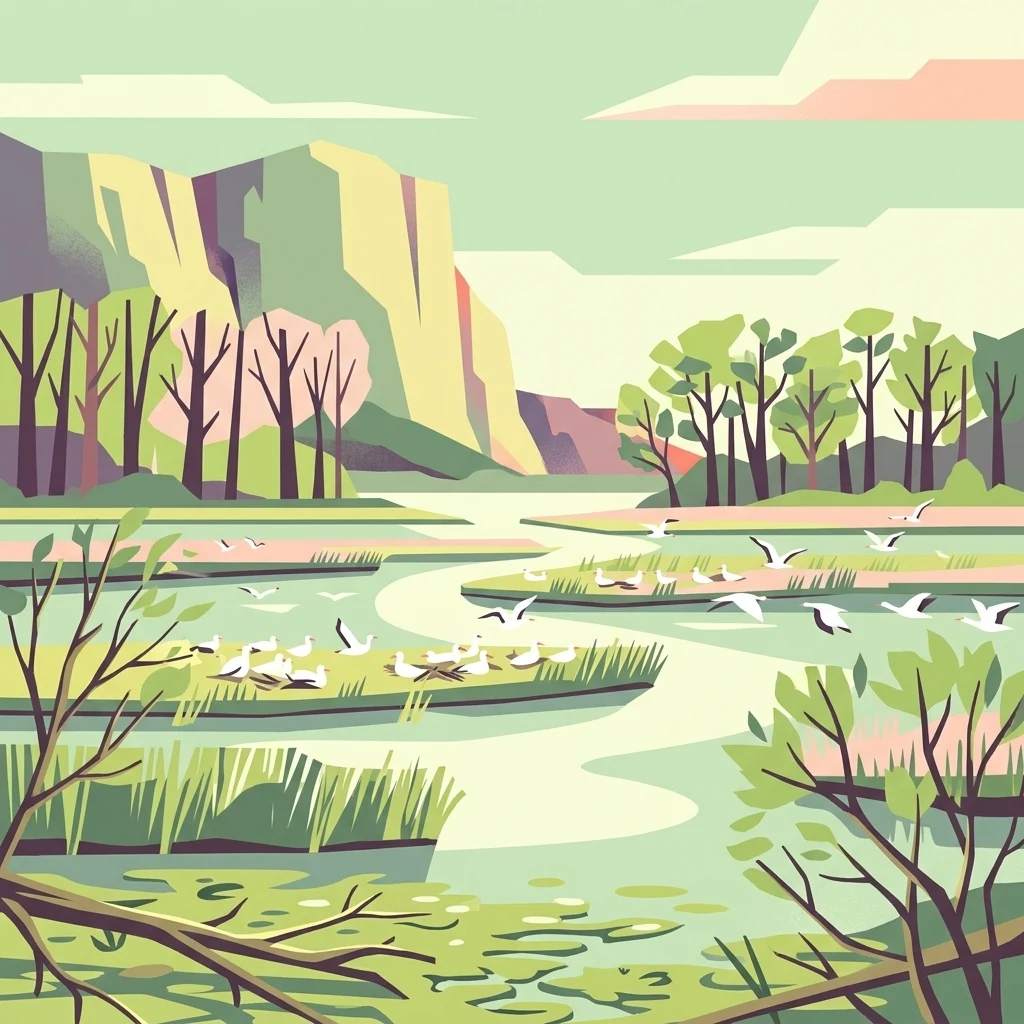 A digital illustration showing a wetlands area with winding channels of water, reeds, and low-lying vegetation. Numerous small white birds are present, some resting on small islands and others in flight. In the background, there are gentle hills and trees under a soft, light-colored sky.