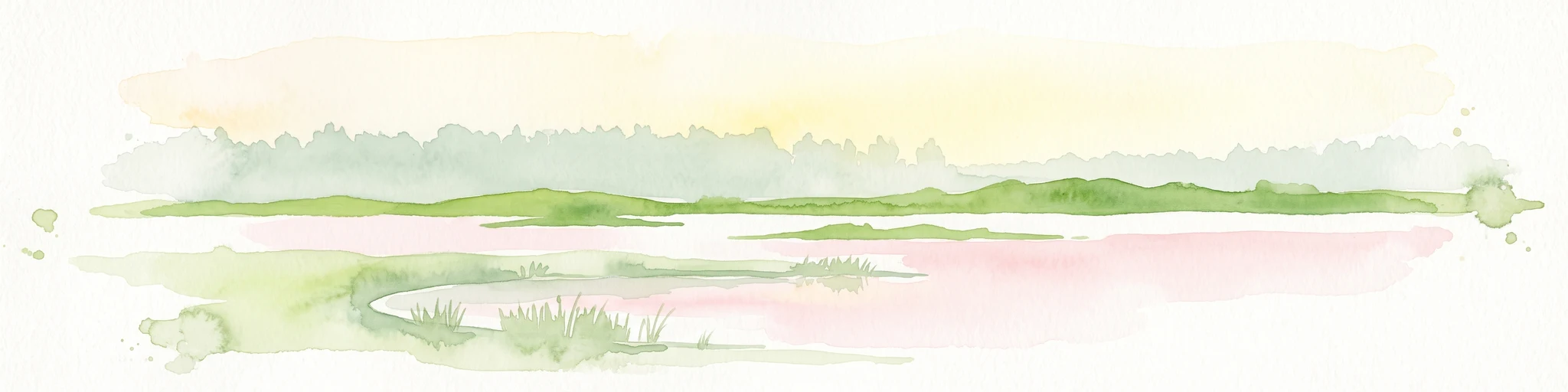 Watercolor painting of a tranquil, flat wetland landscape with pale green, pink, and yellow hues representing water, vegetation, and a soft sky.