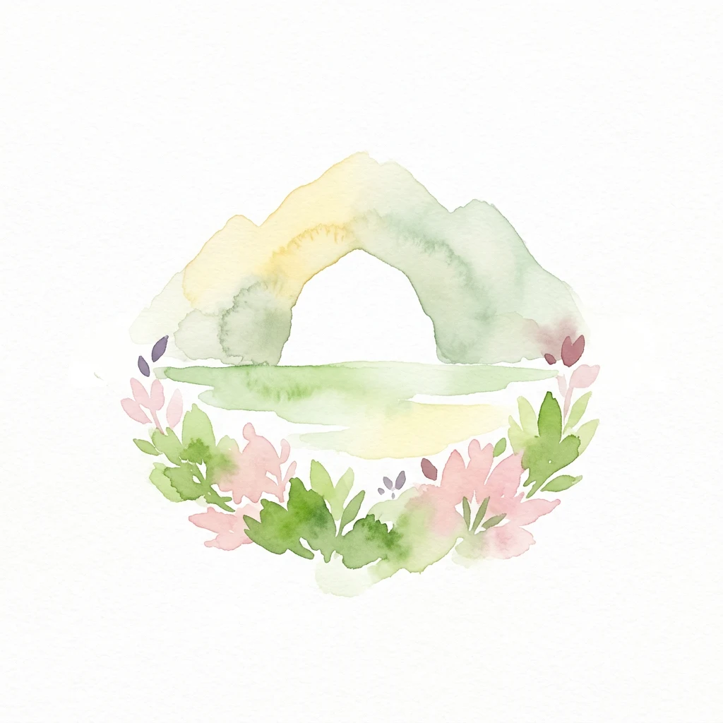 Watercolor illustration of a mountain landscape with a rainbow, green foliage, and pink flowers arranged in a circular wreath