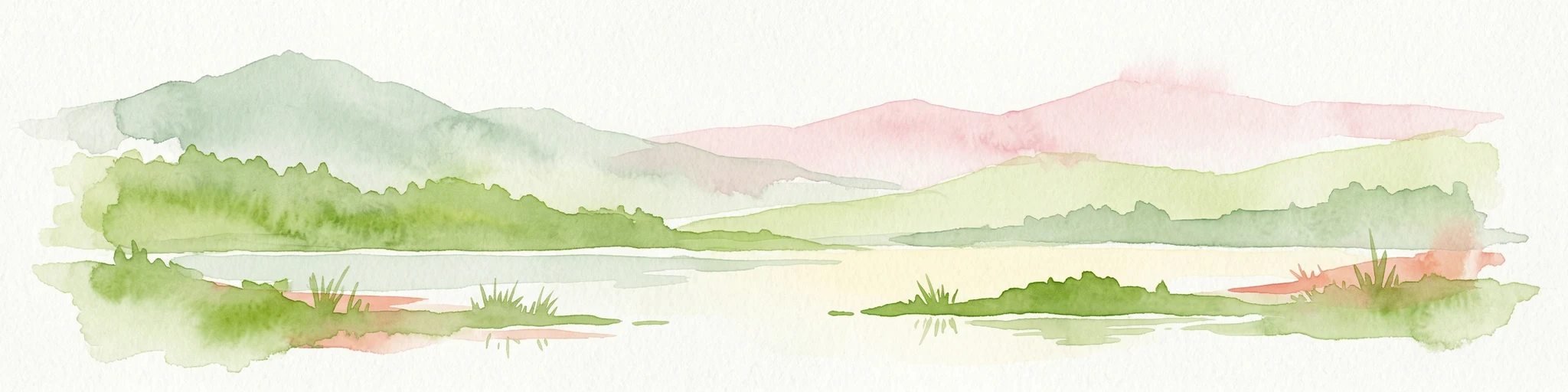Ilustración en acuarela que muestra un paisaje montañoso con un lago y vegetación.
